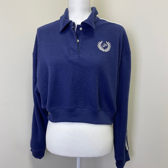 PINK Victoria's Secret Tops - PINK Victorias Secret Navy Blue Cropped Fleece Polo Pullover Sweatshirt Medium
